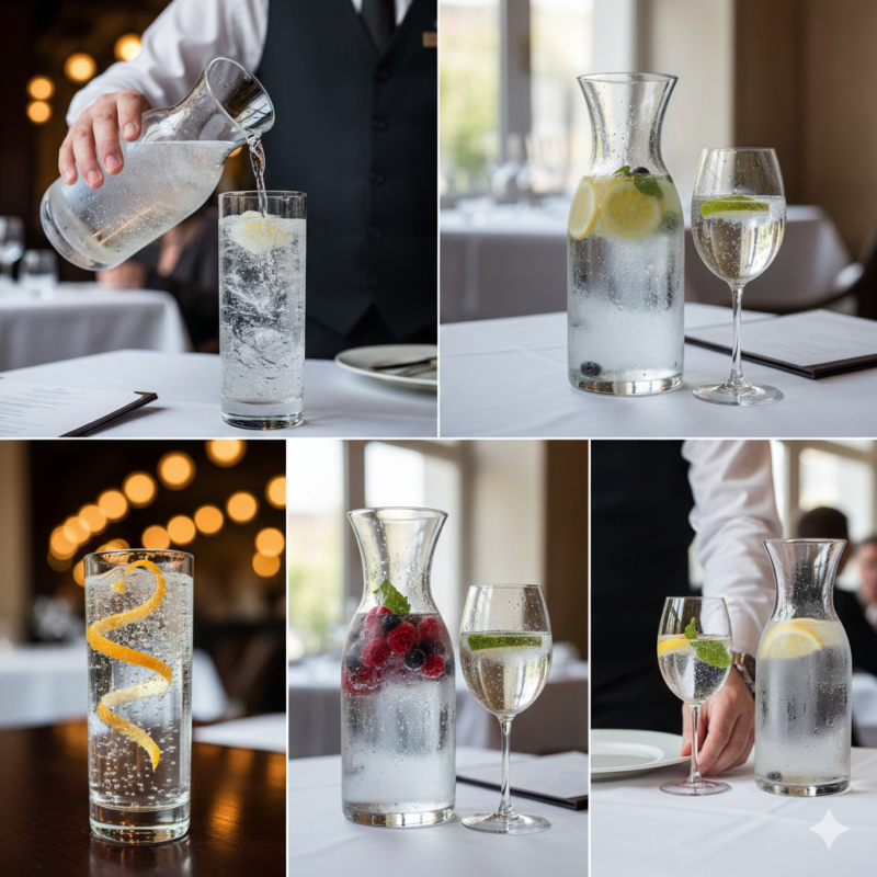 Woda w gastronomii gazowana szklanka karafka restauracja serwowanie